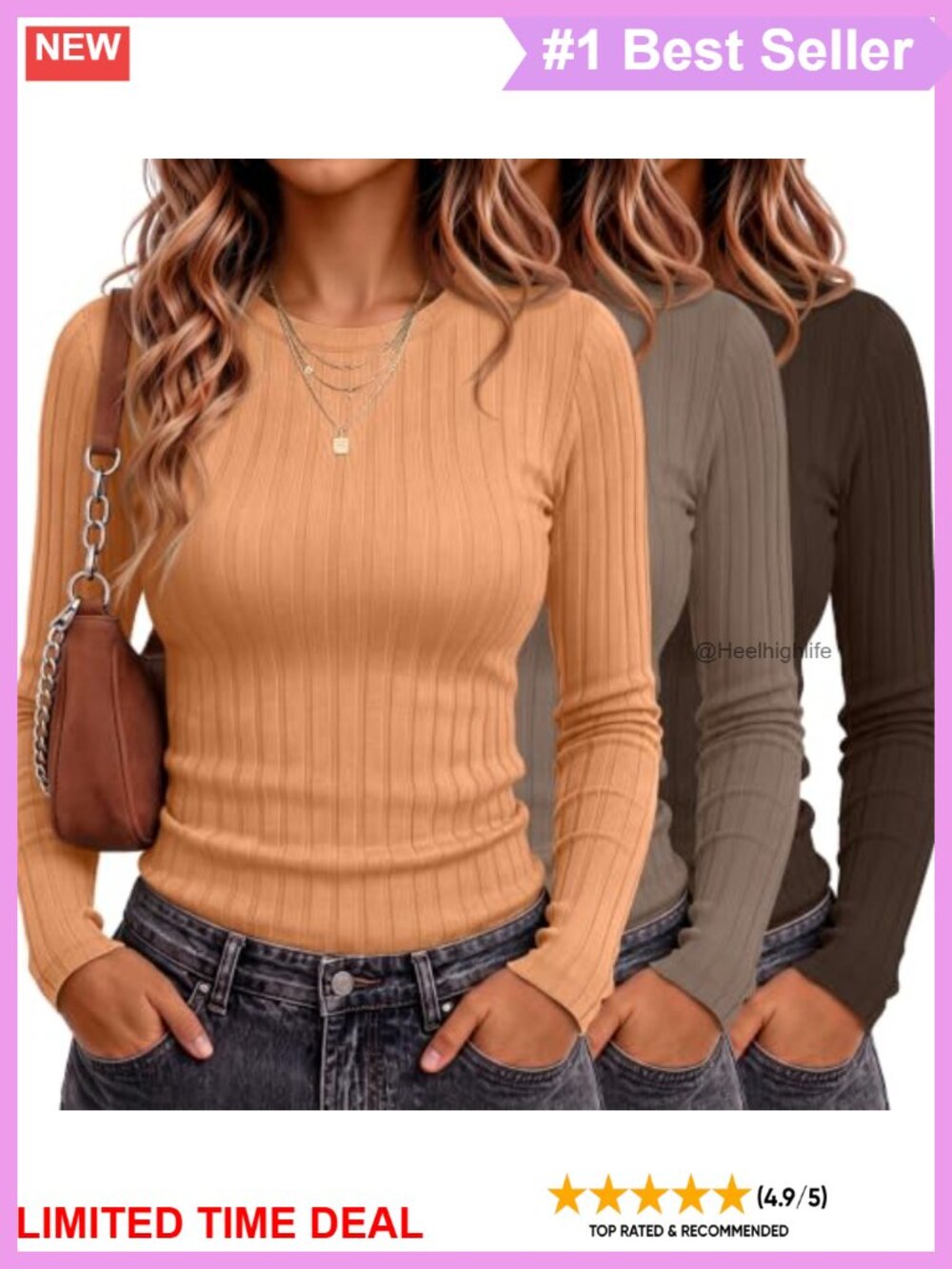 Womens Long Sleeve Ribbed Cotton Slim Fit Crewneck Tops 3 Pack